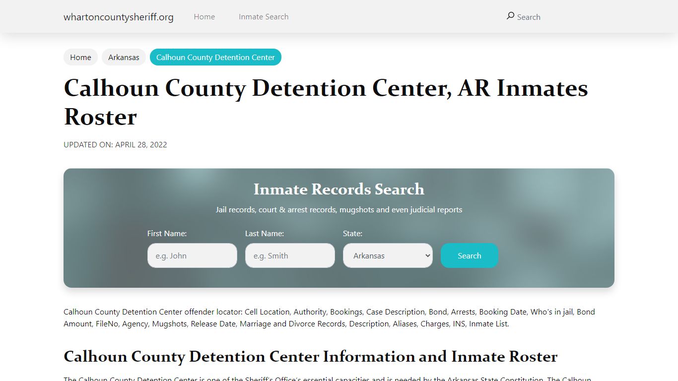 Calhoun County Detention Center, AR Jail Roster, Name Search